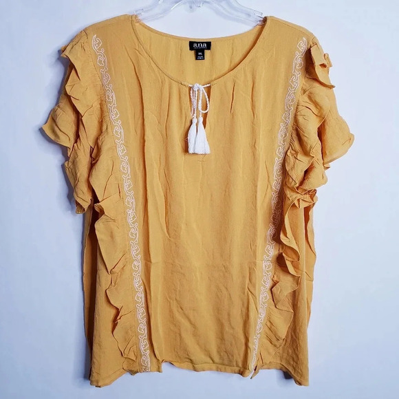 a.n.a Ruffle Yellow Top Tassel Short Sleeve Sz XXL - Picture 1 of 8